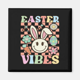 Imán Retro Groovy Vibes de Pascua Bunny Checkered Smile