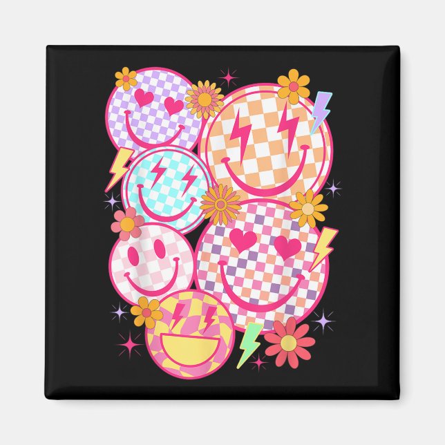 Imán Retro Happy Face Check Pattern Sonrisa Face Tren (Frente)