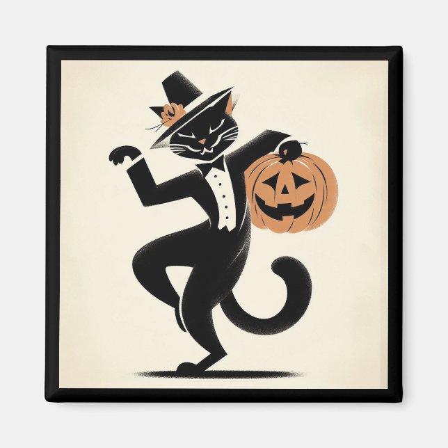 Imán Retro Happy Halloween Dancing Black Cat Magnet (Frente)