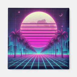 Imán retro, luna de neón/palmas de los años 80