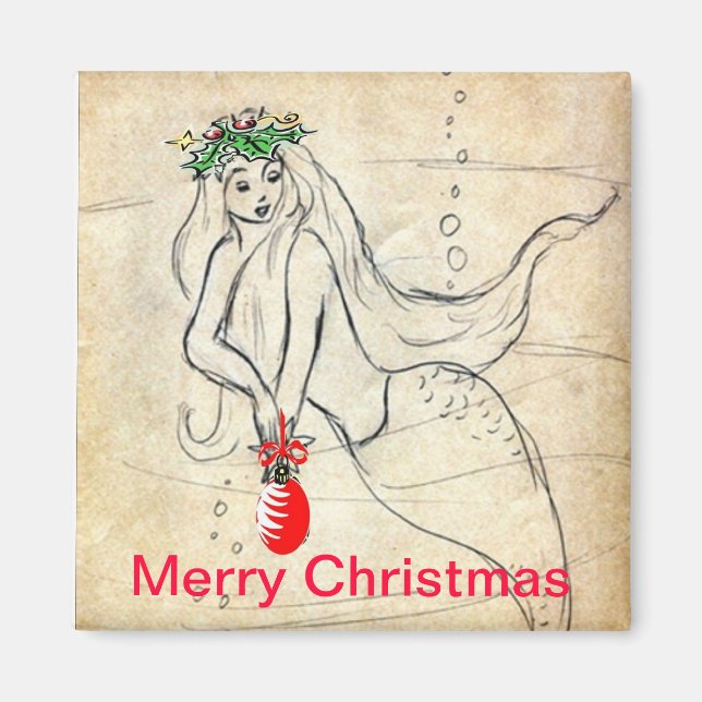 Imán Retro Mermaid Merry Christmas Magner (Frente)