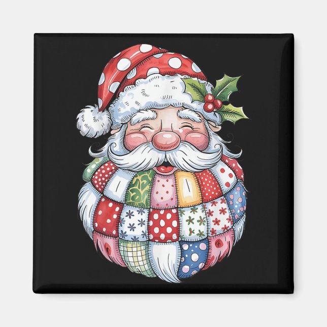 Imán Retro Patchwork Santa Claus Navidades Preppy Merry (Frente)