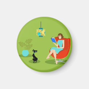 Imán Retro Reading Woman Round Magnet