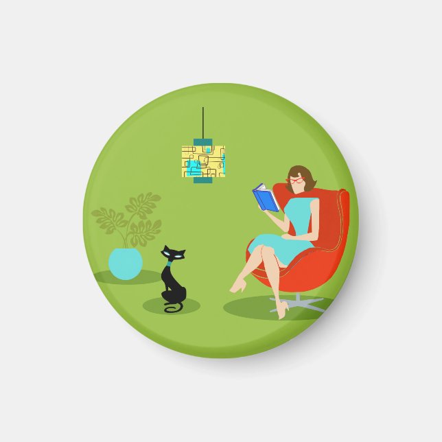 Imán Retro Reading Woman Round Magnet (Frente)