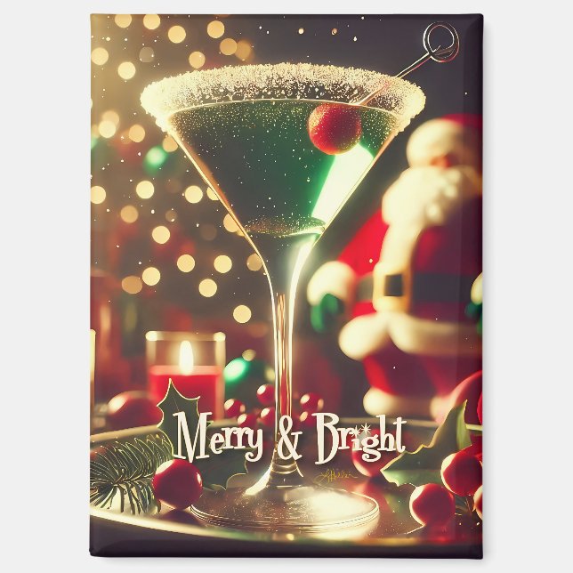 Imán Retro Santa de Navidad Martini Verde de los 50 (Anverso)