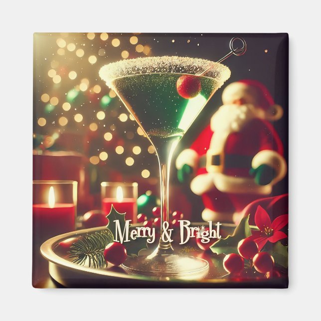 Imán Retro Santa de Navidad Martini Verde de los 50 (Frente)