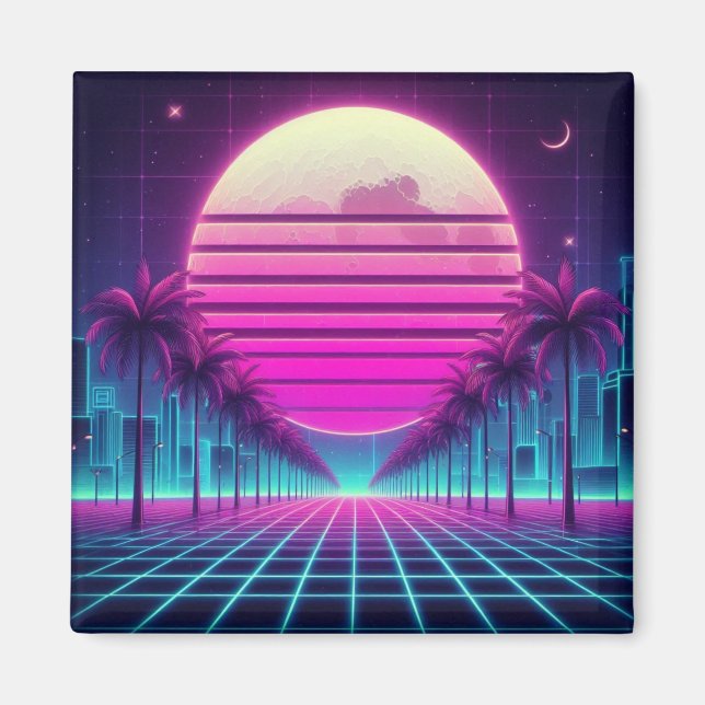 Imán retro, sol/palmas neón de los 80 (Frente)
