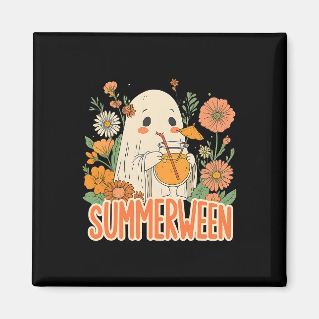 Imán Retro Summerween Ghost Boho Floral Summer Hallowee (Frente)