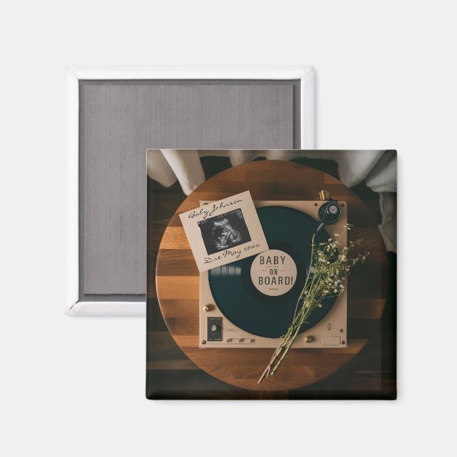 Imán Retro Vinyl Record Player Pregnancy Announcement  (Anverso/Reverso)