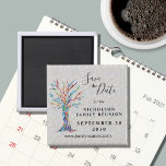 Imán Reunión de familia de árboles de familia Guardar f<br><div class="desc">Invite a su familia a guardar la fecha para su reunión familiar con este imán. Cuenta con un colorido árbol familiar de mosaicos sobre un fondo gris. Personalizable fácil. Utilice la Herramienta de diseño para cambiar el tamaño, estilo o color del texto. Porque creamos nuestra obra de arte no encontrarás...</div>