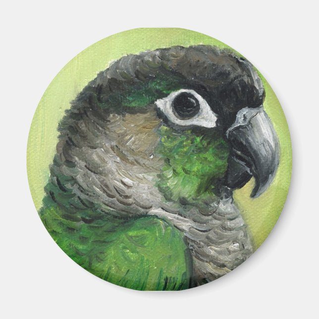 Imán Revista de arte de aves "Green Cheeed Conure" (Frente)