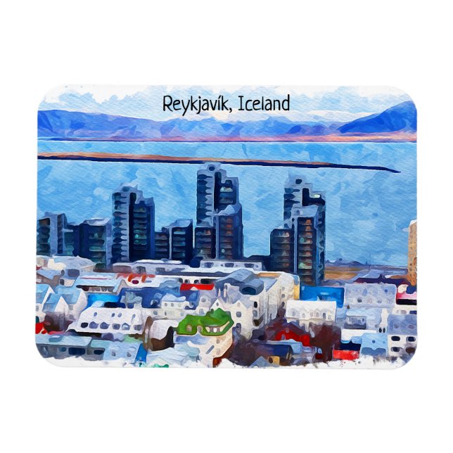 Imán Reykjavík Islandia City View Watercolor (Horizontal)