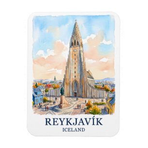 Imán Reykjavik Islandia Iglesia Acuarela Silueta Viajes