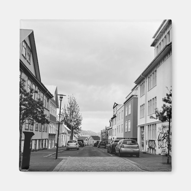 Imán Reykjavik Street Scene Islandia Black and White (Frente)