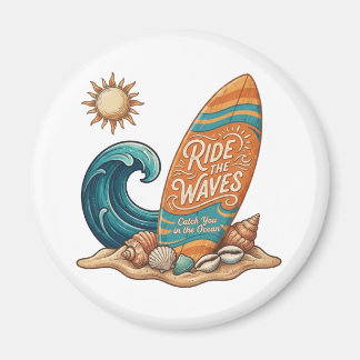 Imán Ride the Waves Surfboard Illustration - Tropical B