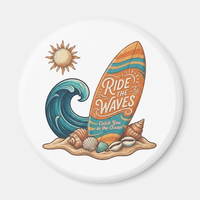 Imán Ride the Waves Surfboard Illustration - Tropical B (Frente)
