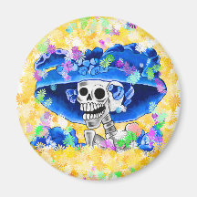 Ríe mujer esqueleto en bonnet azul