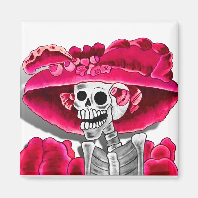 Imán Ríe mujer esqueleto en Red Bonnet (Frente)