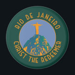 Imán Río de Janeiro Círculo angustiado de Brasil<br><div class="desc">Diseño de viaje vectorial retro de Río de Janeiro. Christ The Redeemer es una estatua de Art Deco de Jesucristo en Río de Janeiro,  Brasil,  creada por el escultor francés Paul Landowski y construida por el ingeniero brasileño Heitor da Silva Costa.</div>