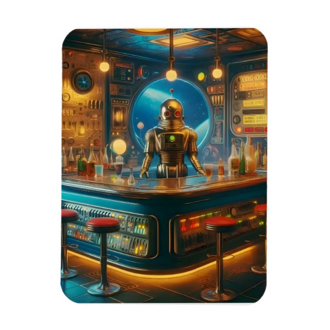 Imán Robot Bartender in Interstellar Space Age Dive Bar (Vertical)