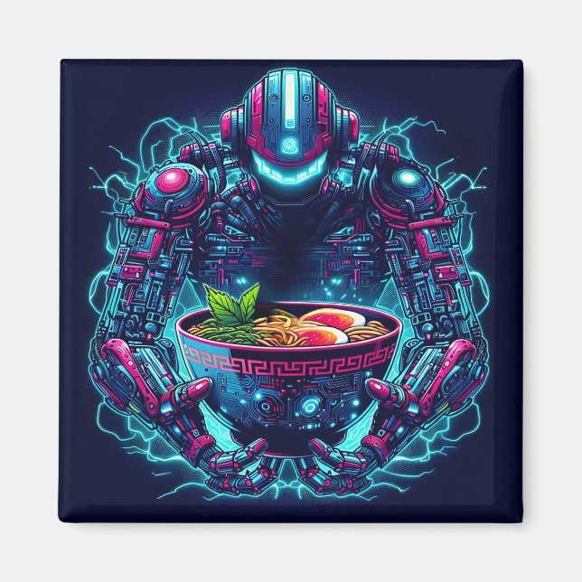 Imán Robot Cyberpunk Futurista Comida Ramen Neon (Frente)