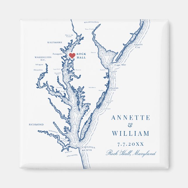 Imán Rock Hall Maryland Elegant Boda Azul de la Marina (Frente)