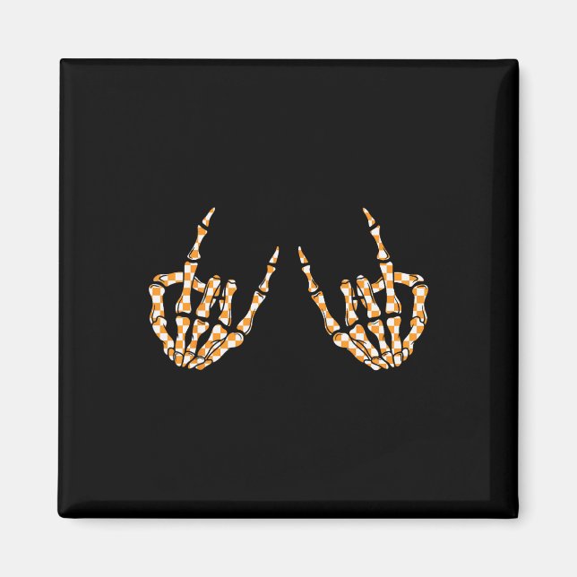 Imán Rock On Halloween Checkered Pattern Skeletand Hand (Frente)