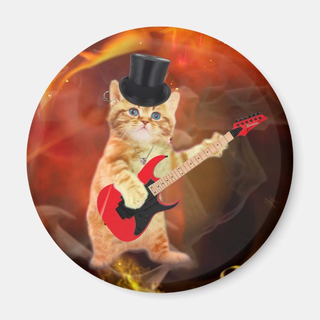 Imán Rocker cat con sombrero de punta y guitarra (Frente)