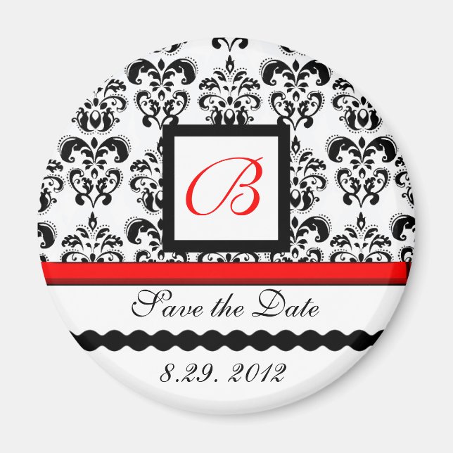 Imán ROJO BLANCO NEGRO DAMASK MONOGRAM,Guardar la fecha (Frente)