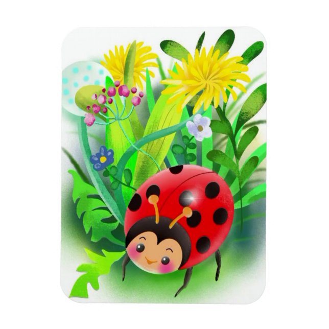 Imán rojo, lindo ladybug en un fondo de hierba y flojo (Vertical)