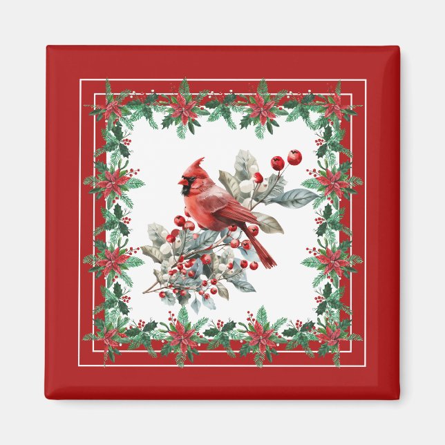 Imán Rojo Mockingbird Poinsettia Borders Elegante (Frente)