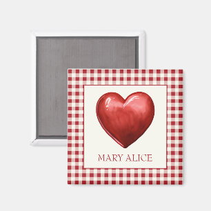 Imán Rojo vintage y Cream Gingham con corazón