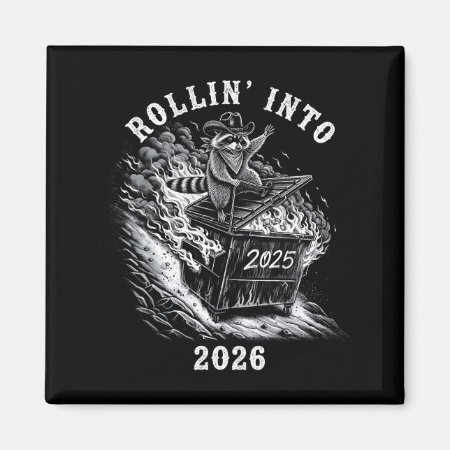 Imán Rollin' Into 2026 Funny Cowboy Raccoon Happy New Y (Frente)