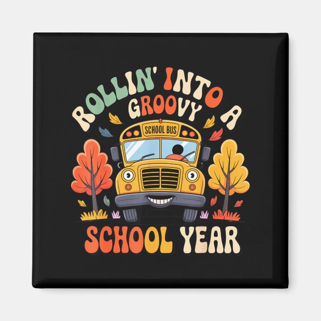 Imán Rollin Into A Groovy School Year Retro School Bus  (Frente)