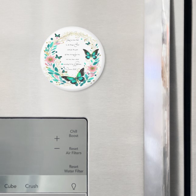 Imán Romanos 8:28 Flores y mariposas (In situ (nevera))