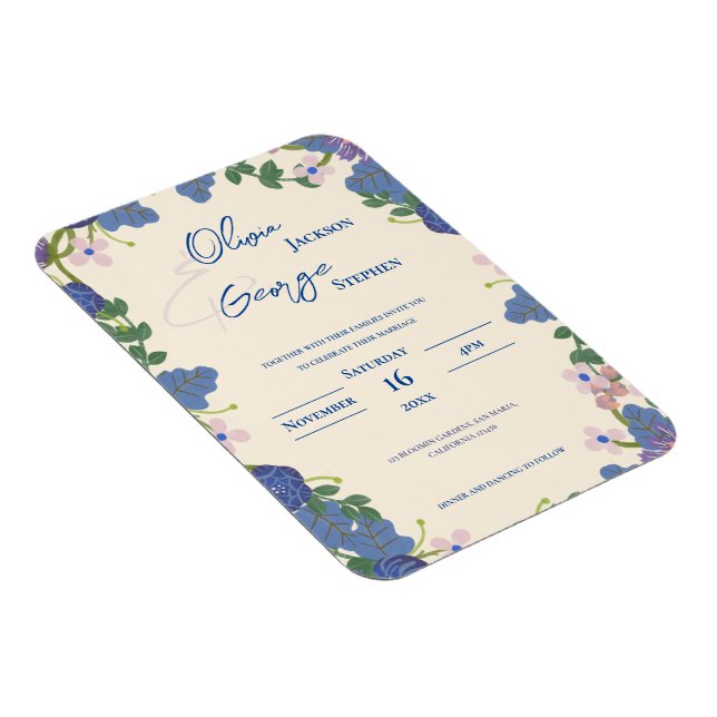 Imán Romantic Blue Purple Floral Wedding Invitation (Lado Derecho)