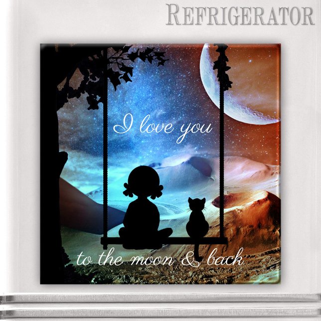 Imán Romantic Kitty Moonlight Love Magnet (Magnet featuring a little girl and her kitty on a swing overlooking a fantasy landscape with moon)
