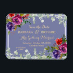Imán Romantic Purple Floral Watercolor Save Date<br><div class="desc">This stunning watercolor Save the Date flexible magnet features a light lavender background with luscious purple, dark rose and a touch of red flowers and surrounded by greenery and eucalyptus leaves. Gold lettering and touches of calligraphy are a perfect accompaniment to the beautiful flowers. A lovely design choice to set...</div>