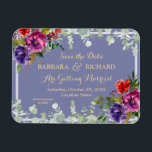 Imán Romantic Purple Floral Watercolor Save Date<br><div class="desc">This stunning watercolor Save the Date flexible magnet features a light lavender background with luscious purple, dark rose and a touch of red flowers and surrounded by greenery and eucalyptus leaves. Gold lettering and touches of calligraphy are a perfect accompaniment to the beautiful flowers. A lovely design choice to set...</div>