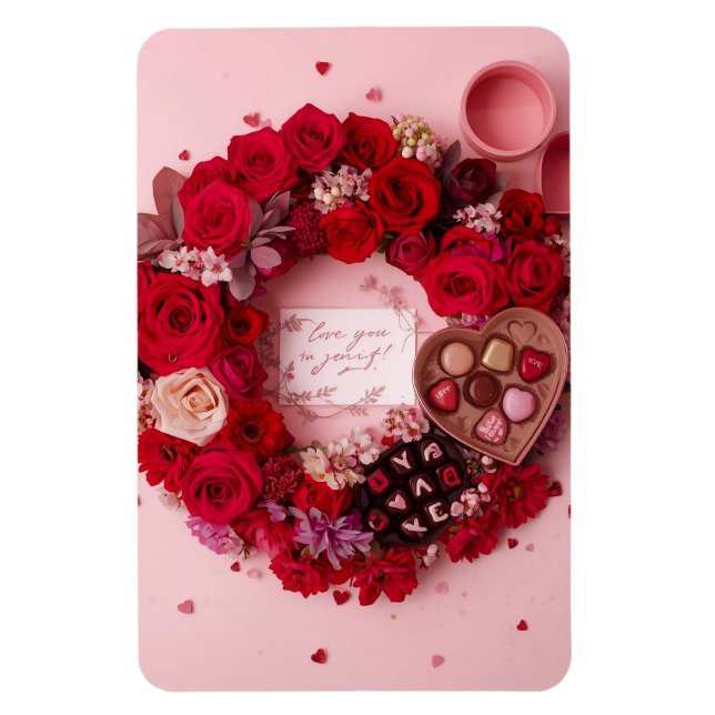 Imán Romantic Red Rose Personalized Valentine Heart (Vertical)