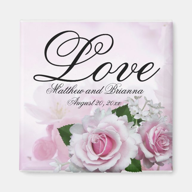 Imán Romántico Boda Keepsake personalizado de rosas ros (Frente)