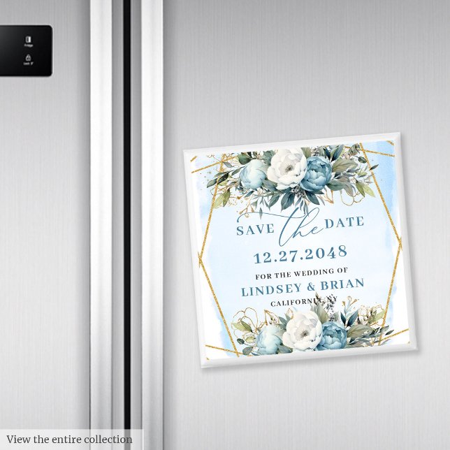 Imán Romántico Boho Azul y Blanco Peonías Salva la Fech (Romantic Blue And White Peonies Save The Date Magnet

)