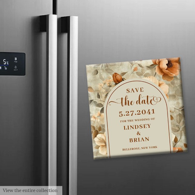 Imán Romántico Boho Óxido Marfil Olivo Floral Salvar Fe (Romantic Boho Rust Ivory Olive Floral Save the Date)