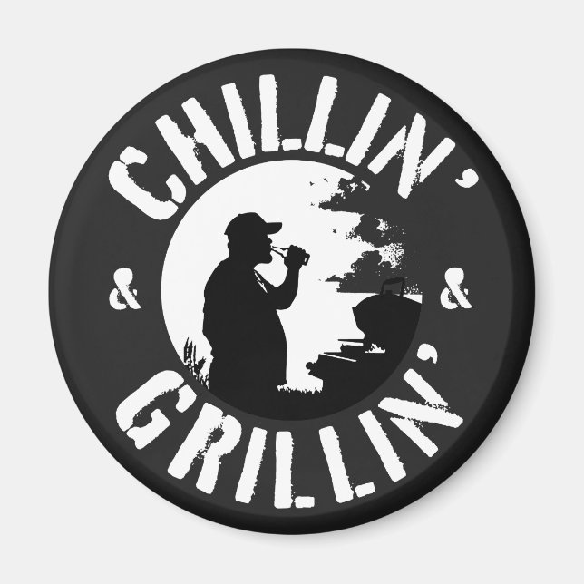 Imán Ronda de estampado blanco Chillin’ & Grillin (Frente)