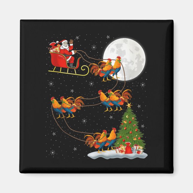 Imán Rooster Chickens Santa Sleigh Flying Funny Magical (Frente)