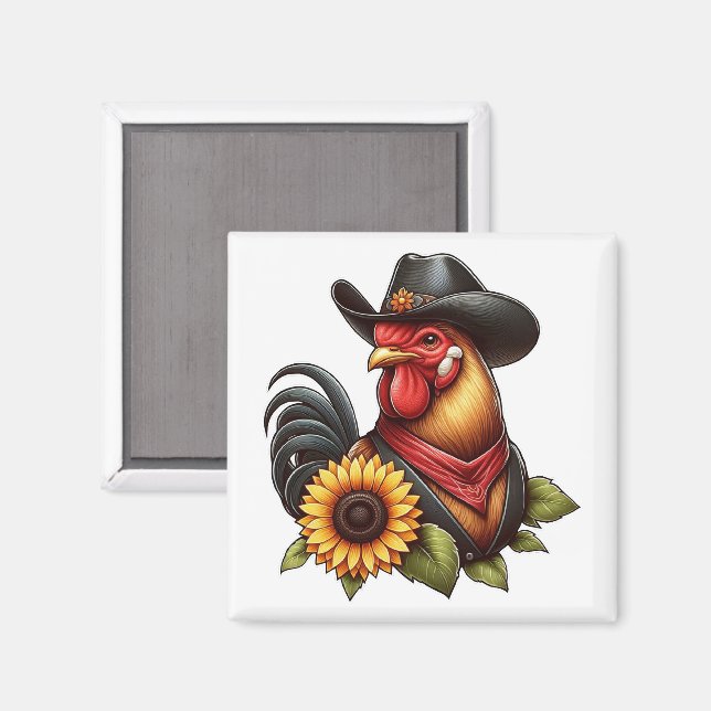 Imán Rooster colorido en Gorra Cowboy con girasol (Anverso/Reverso)
