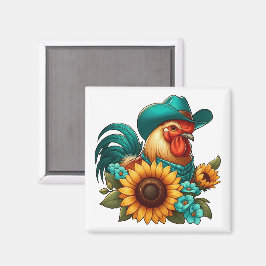 Imán Rooster con Gorra Verde azulado y girasoles
