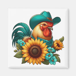 Imán Rooster con Gorra Verde azulado y girasoles