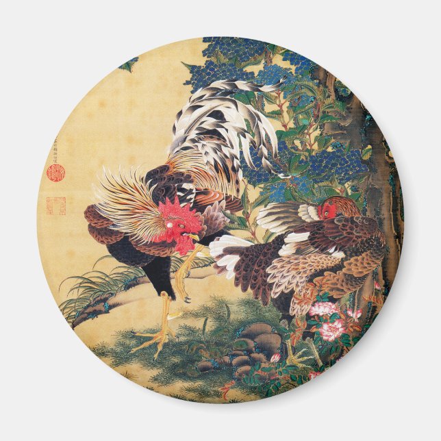 Imán Rooster y Hen con Hydrangeas de Ito Jakuchu (Frente)