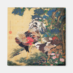 Imán Rooster y Hen con Hydrangeas de Ito Jakuchu